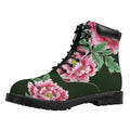 Japanese Peony Print Padded Collar Lace Up Boots