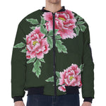 Japanese Peony Print Zip Sleeve Bomber Jacket