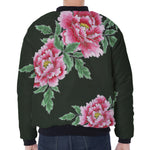 Japanese Peony Print Zip Sleeve Bomber Jacket