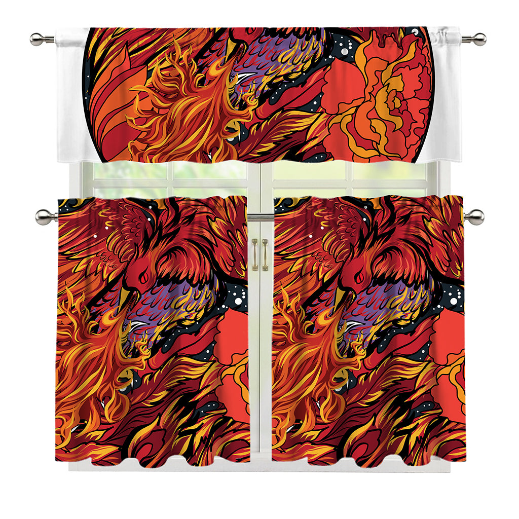 Japanese Phoenix Print 3 Piece Kitchen Curtains