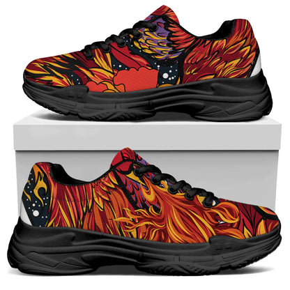 Japanese Phoenix Print Black Chunky Shoes