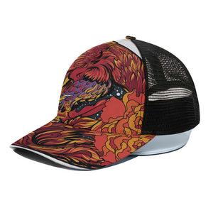 Japanese Phoenix Print Black Mesh Trucker Cap