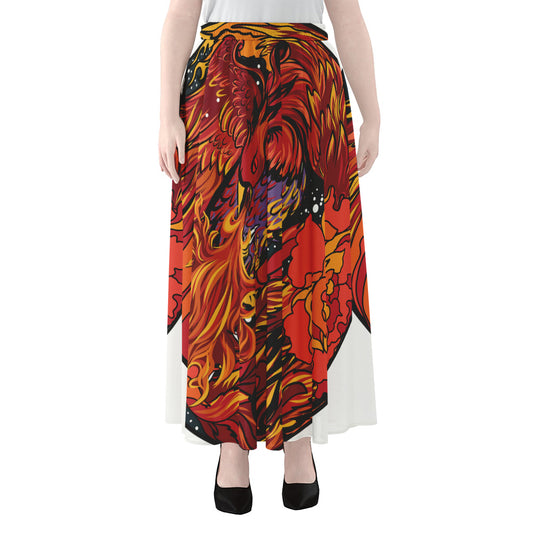 Japanese Phoenix Print Chiffon Maxi Skirt