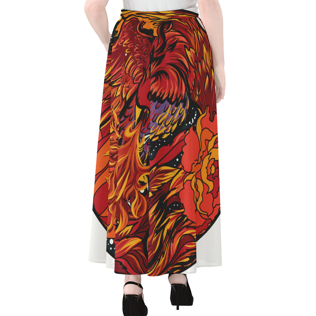 Japanese Phoenix Print Chiffon Maxi Skirt