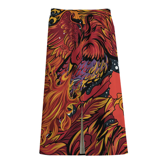 Japanese Phoenix Print Cotton Front Slit Maxi Skirt