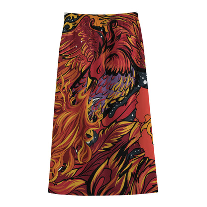 Japanese Phoenix Print Cotton Front Slit Maxi Skirt