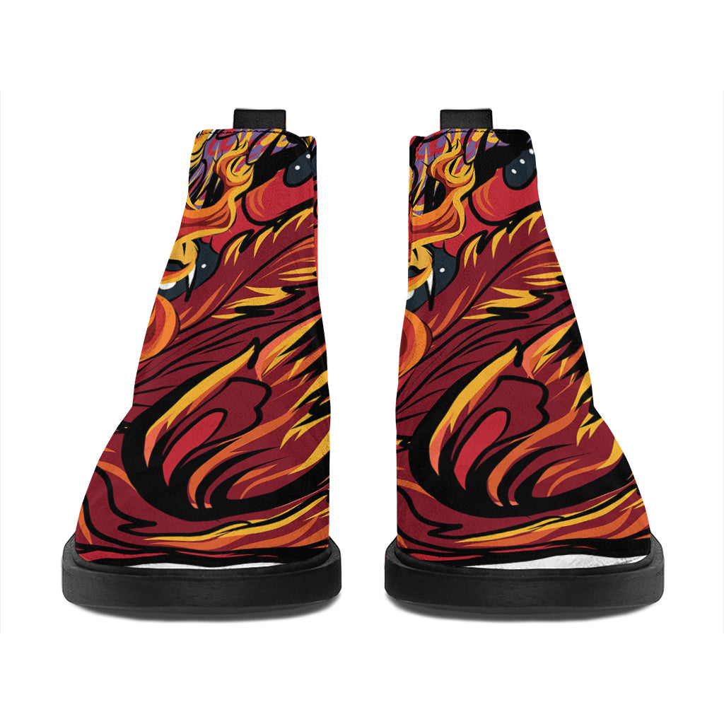 Japanese Phoenix Print Flat Ankle Boots