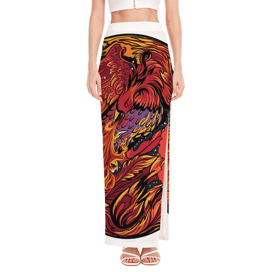 Japanese Phoenix Print High Slit Maxi Skirt
