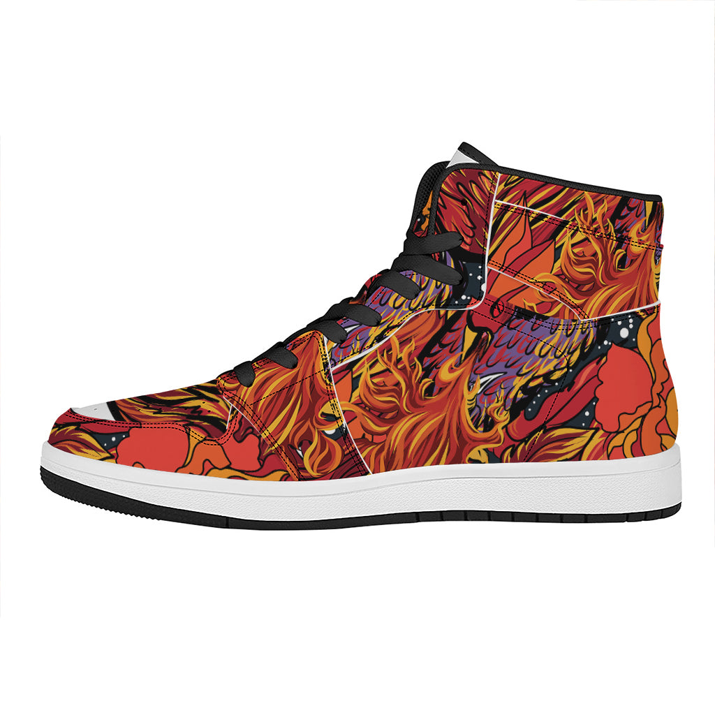 Japanese Phoenix Print High Top Leather Sneakers