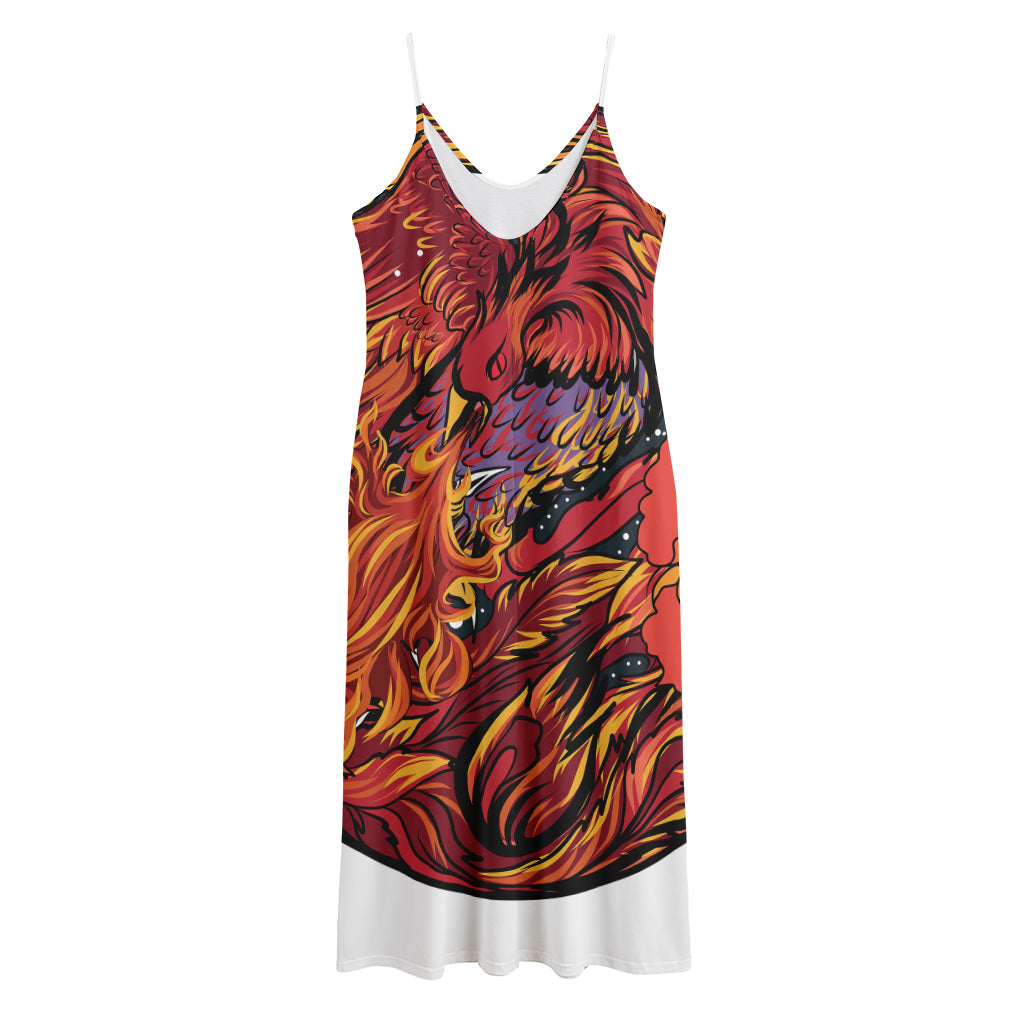 Japanese Phoenix Print Jersey Midi Cami Dress