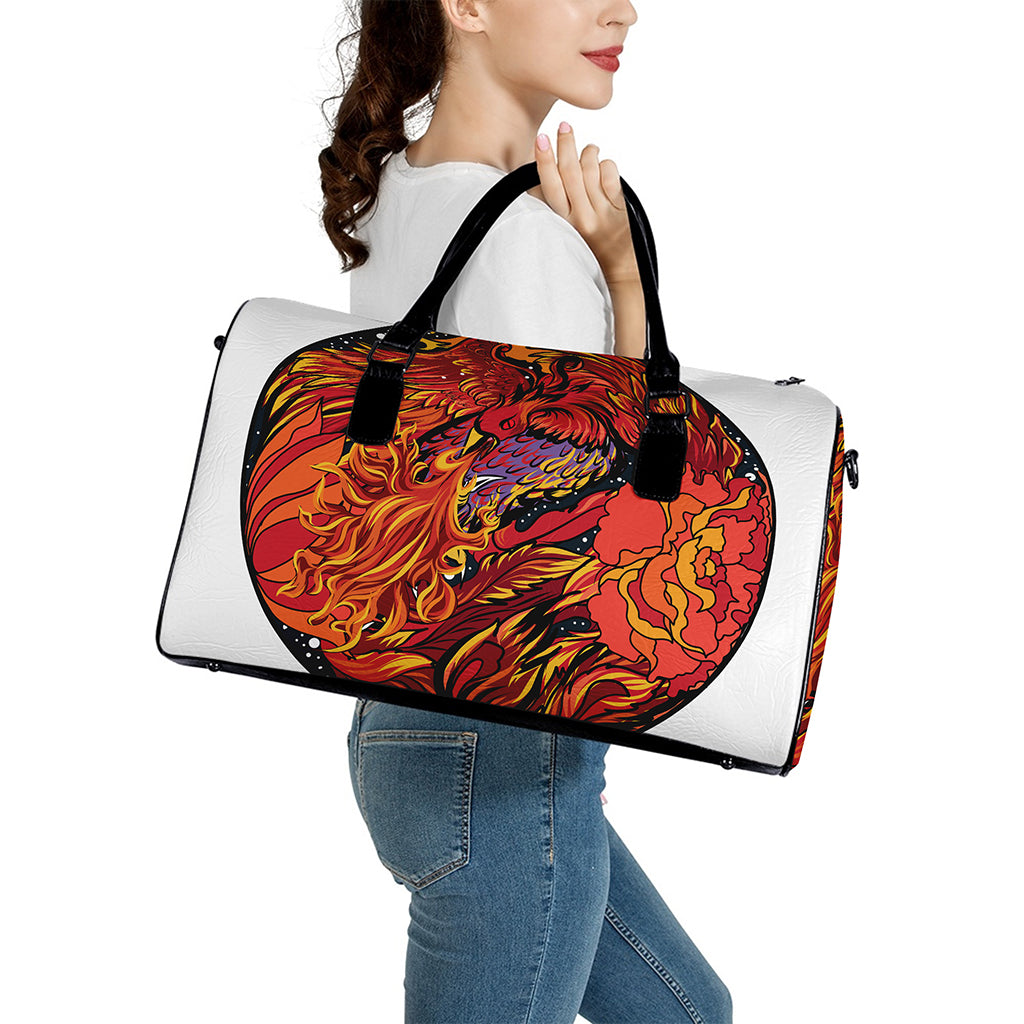 Japanese Phoenix Print Leather Duffle Bag