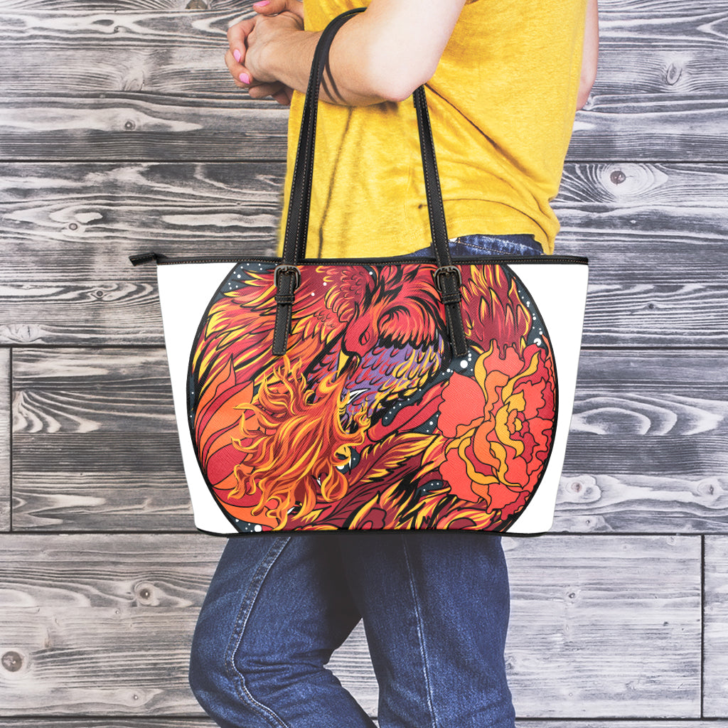 Japanese Phoenix Print Leather Tote Bag