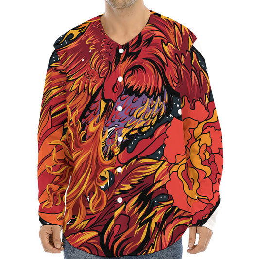 Japanese Phoenix Print Long Sleeve Baseball Jersey