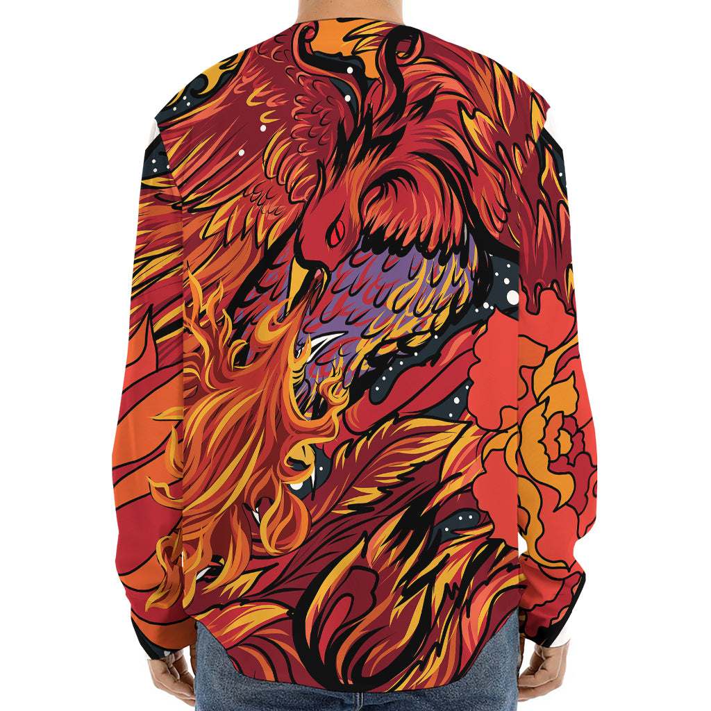 Japanese Phoenix Print Long Sleeve Baseball Jersey