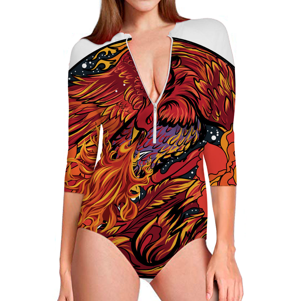 Japanese Phoenix Print Long Sleeve Swimsuit