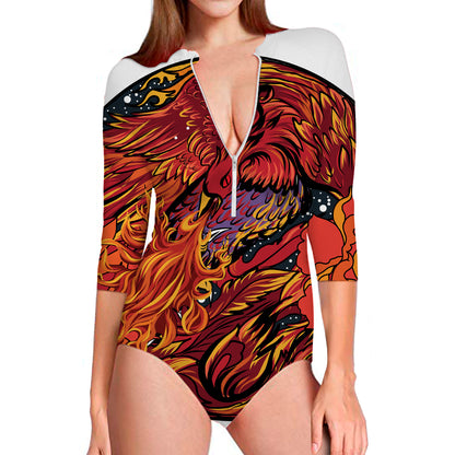 Japanese Phoenix Print Long Sleeve Swimsuit