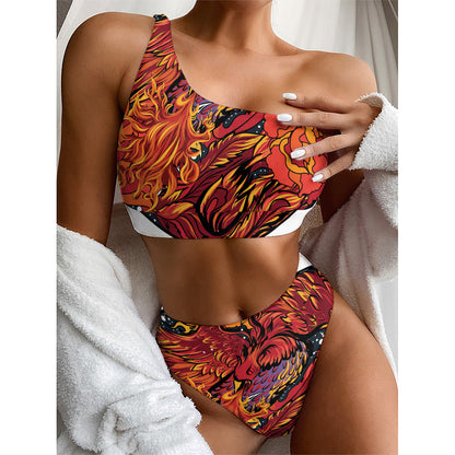 Japanese Phoenix Print One Shoulder Bikini Top