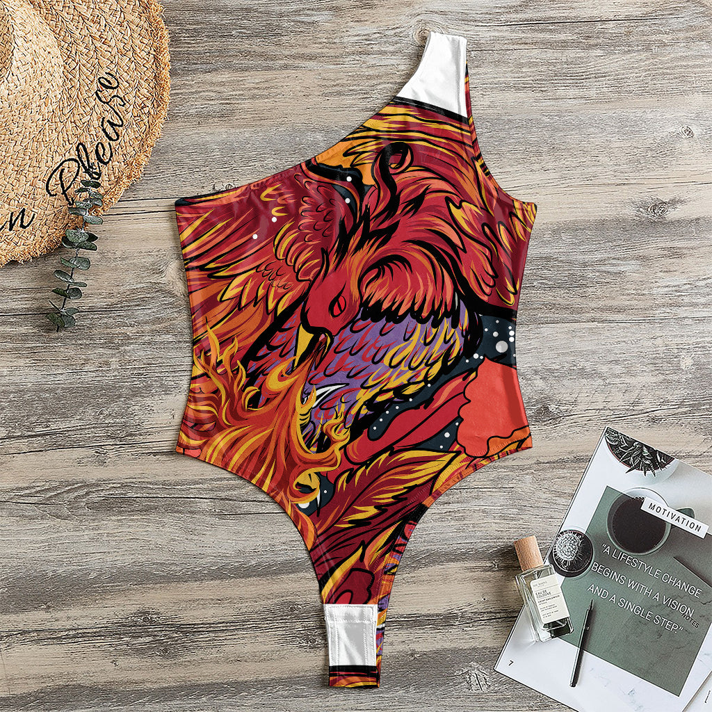 Japanese Phoenix Print One Shoulder Bodysuit