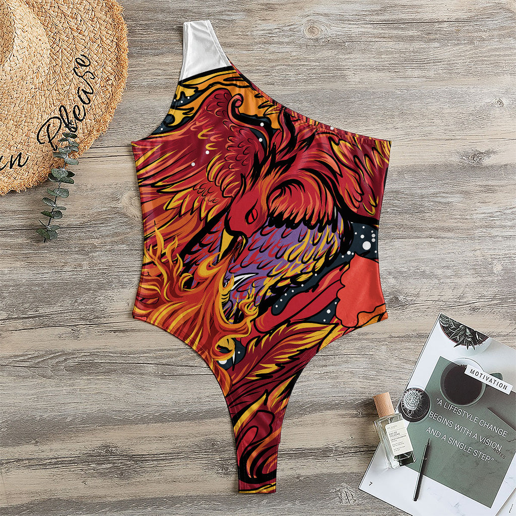 Japanese Phoenix Print One Shoulder Bodysuit