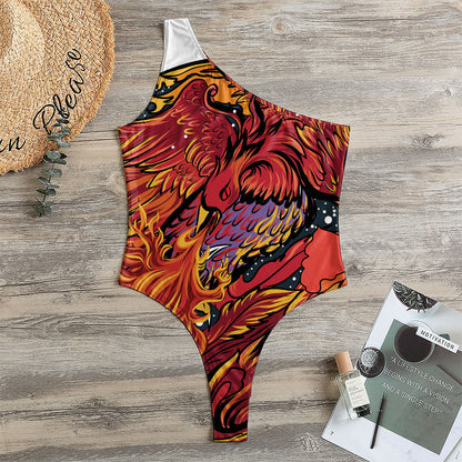 Japanese Phoenix Print One Shoulder Bodysuit