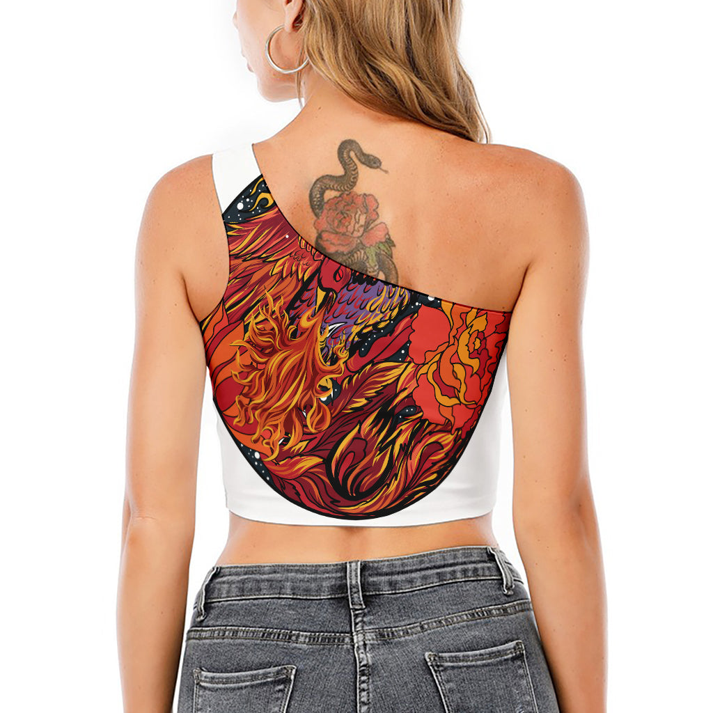Japanese Phoenix Print One Shoulder Crop Top