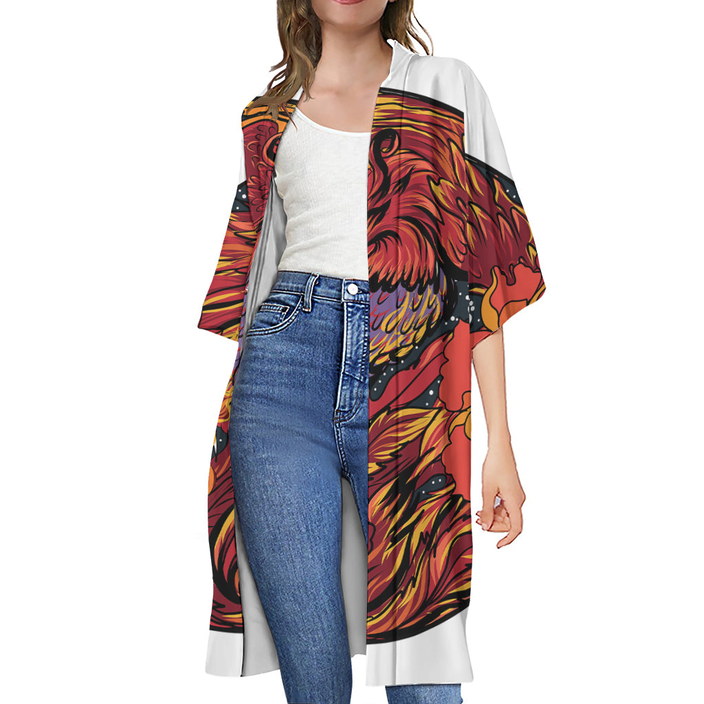 Japanese Phoenix Print Open Front Beach Cover Up