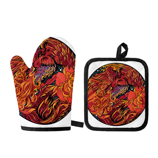 Japanese Phoenix Print Oven Mitt And Pot Holder Set