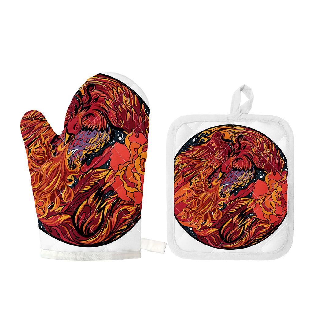 Japanese Phoenix Print Oven Mitt And Pot Holder Set