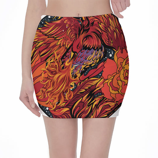 Japanese Phoenix Print Pencil Mini Skirt
