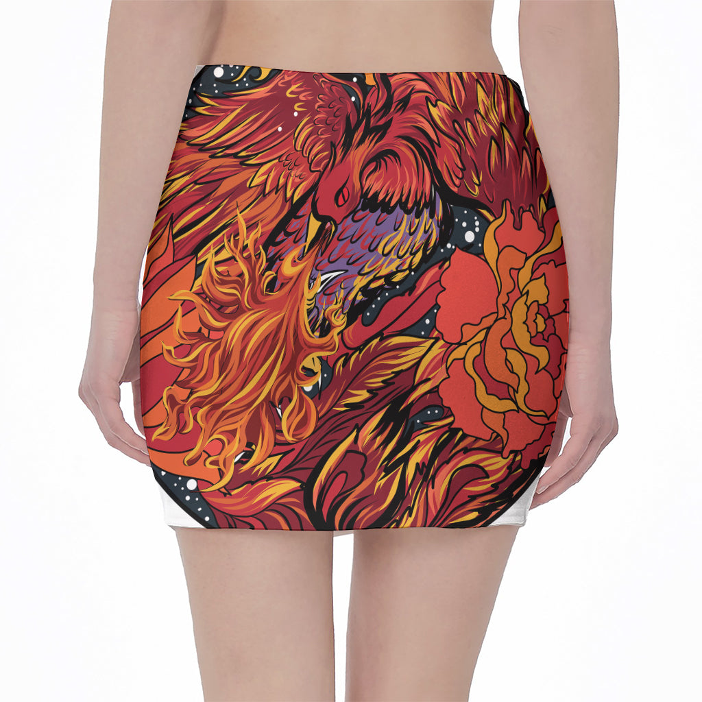 Japanese Phoenix Print Pencil Mini Skirt
