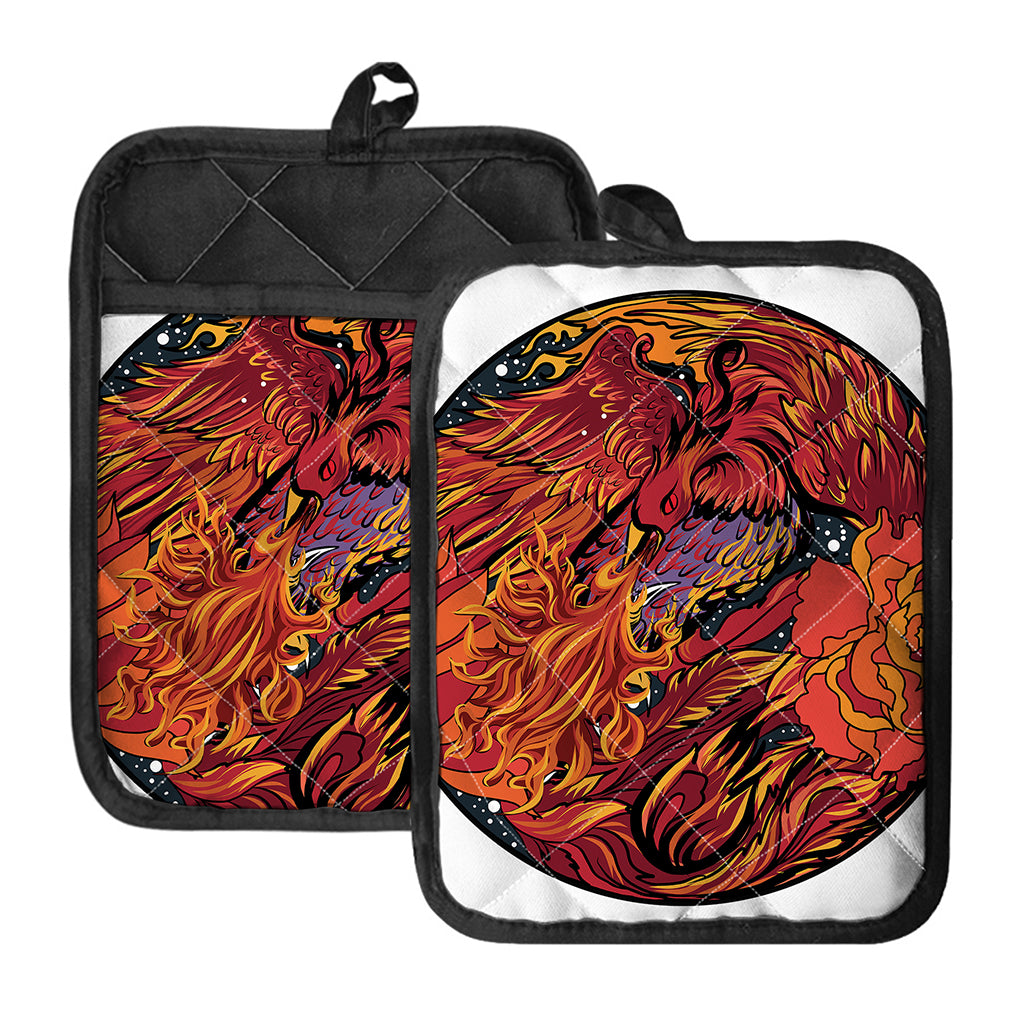 Japanese Phoenix Print Pot Holders With Pocket