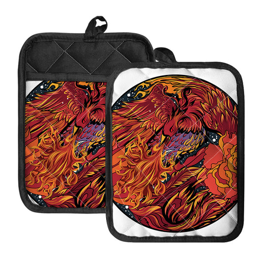 Japanese Phoenix Print Pot Holders With Pocket