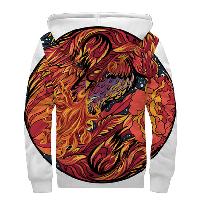 Japanese Phoenix Print Sherpa Lined Zip Up Hoodie