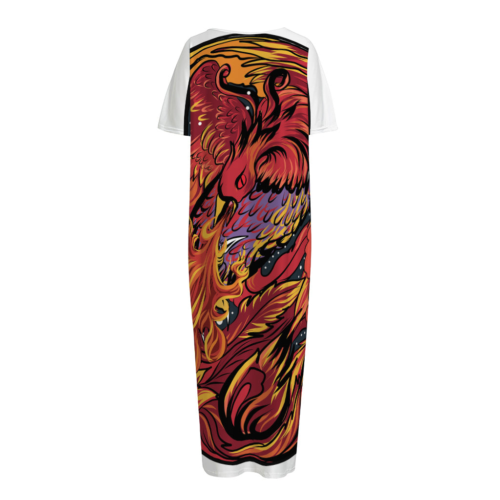 Japanese Phoenix Print Short Sleeve Long Nightdress