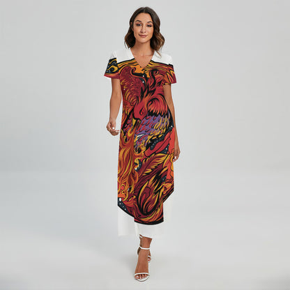 Japanese Phoenix Print Short Sleeve Maxi Dress