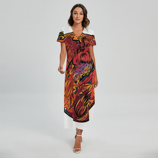 Japanese Phoenix Print Short Sleeve Maxi Dress