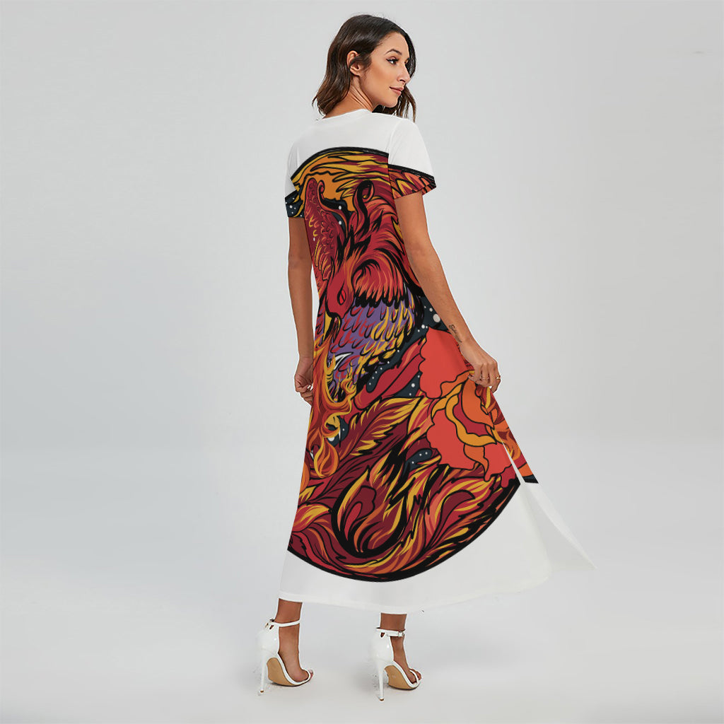 Japanese Phoenix Print Short Sleeve Maxi Dress