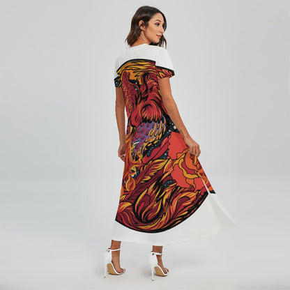 Japanese Phoenix Print Short Sleeve Maxi Dress