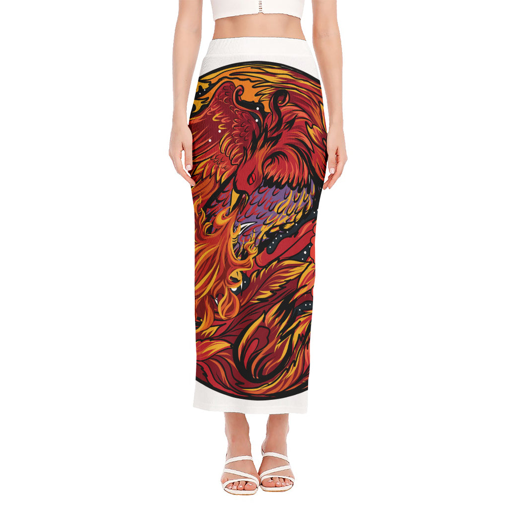 Japanese Phoenix Print Side Slit Maxi Skirt