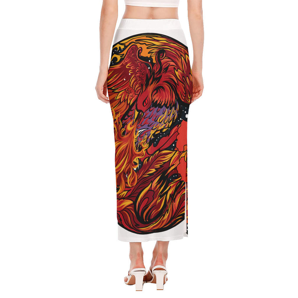 Japanese Phoenix Print Side Slit Maxi Skirt