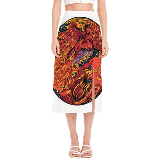 Japanese Phoenix Print Side Slit Midi Skirt