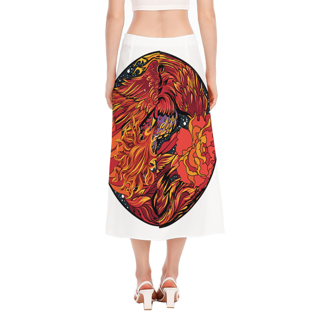 Japanese Phoenix Print Side Slit Midi Skirt