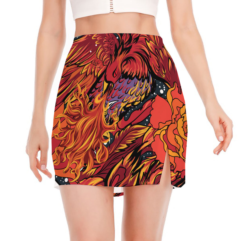 Japanese Phoenix Print Side Slit Mini Skirt