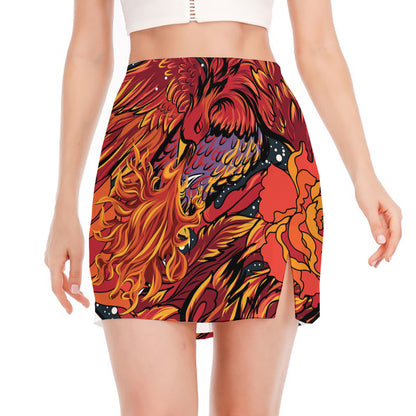 Japanese Phoenix Print Side Slit Mini Skirt