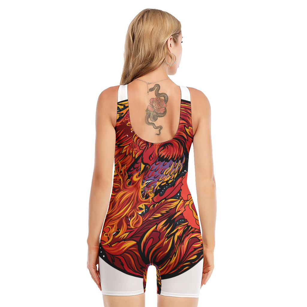 Japanese Phoenix Print Sleeveless One Piece Swimsuit