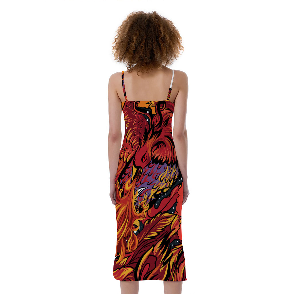 Japanese Phoenix Print Slim Fit Midi Cami Dress