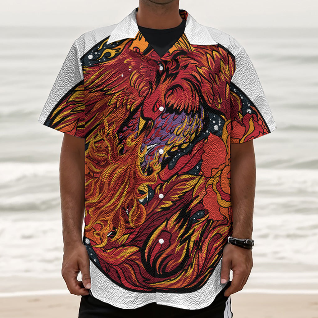 Japanese Phoenix Print Textured Short Sleeve Shirt