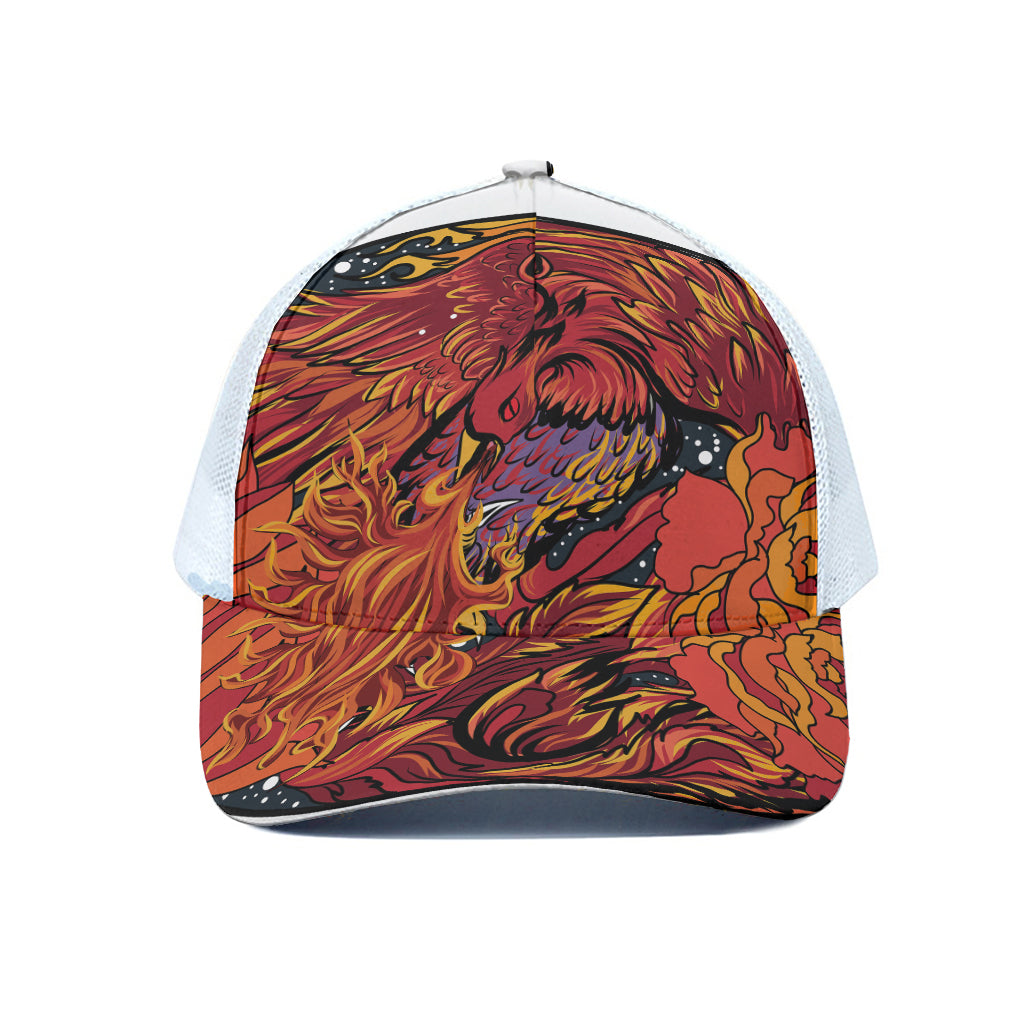 Japanese Phoenix Print White Mesh Trucker Cap