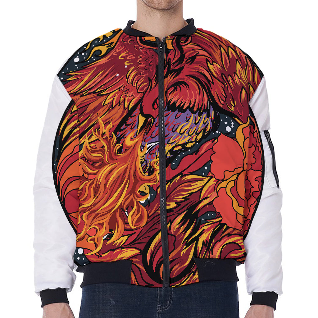 Japanese Phoenix Print Zip Sleeve Bomber Jacket