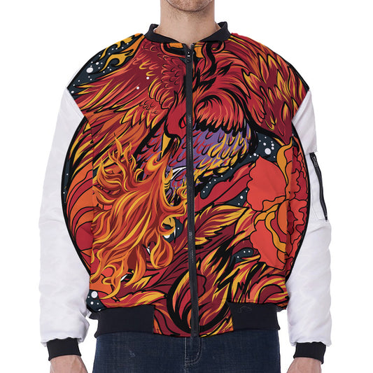 Japanese Phoenix Print Zip Sleeve Bomber Jacket